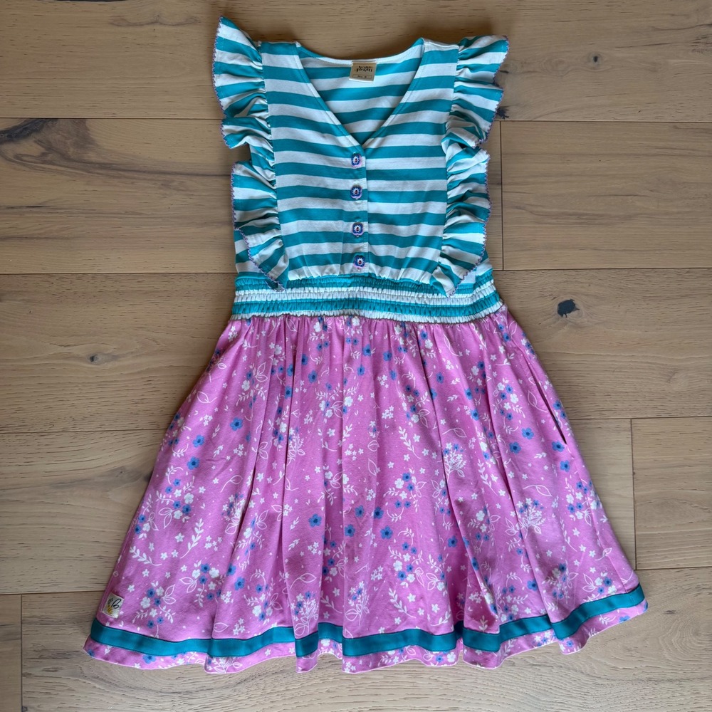 Wildflowers Clothing Girls Teal Striped Pink Floral Ruffle Dress Size 8